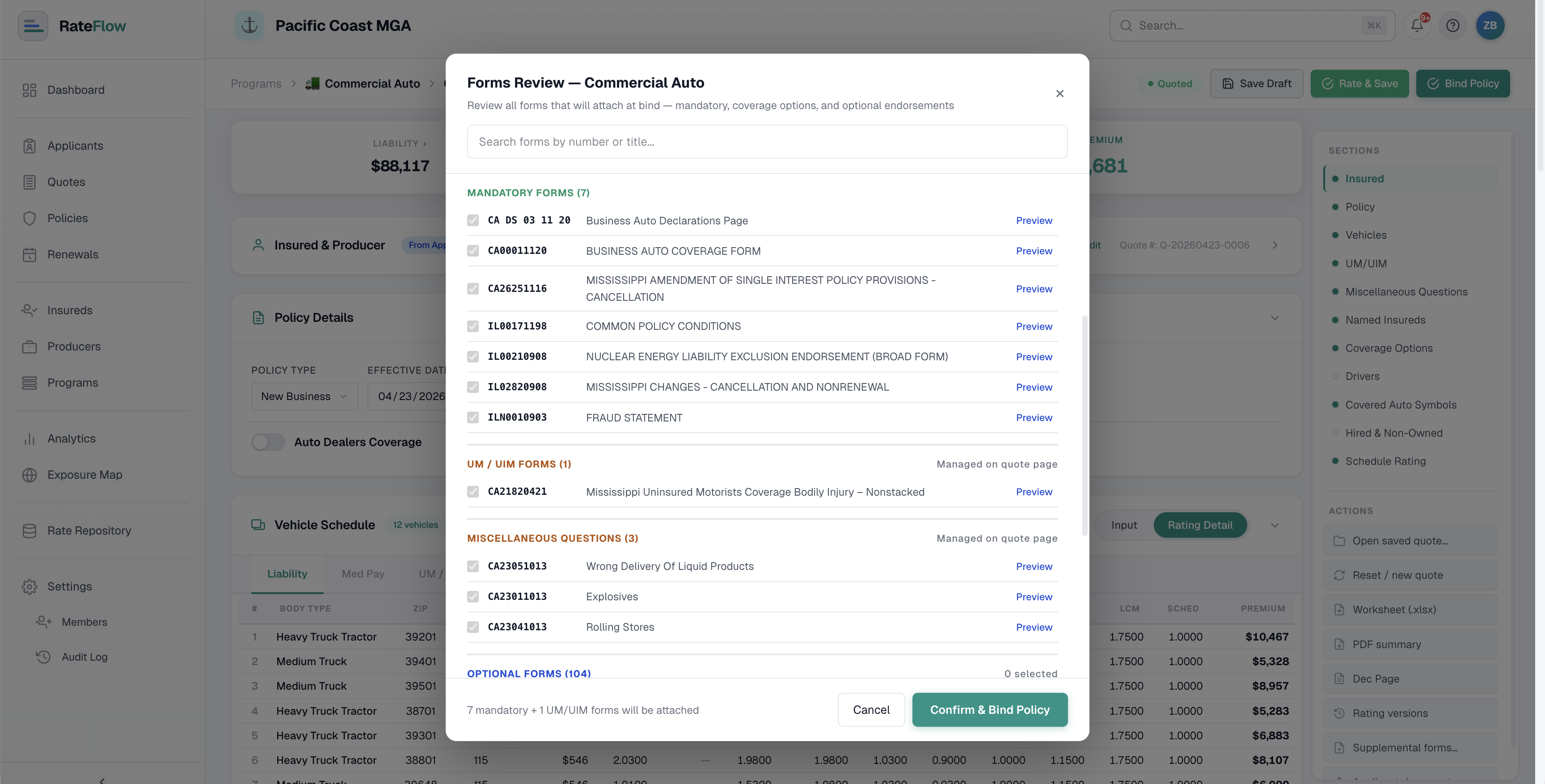 Forms Review modal showing mandatory forms, UM/UIM forms, and optional endorsements.
