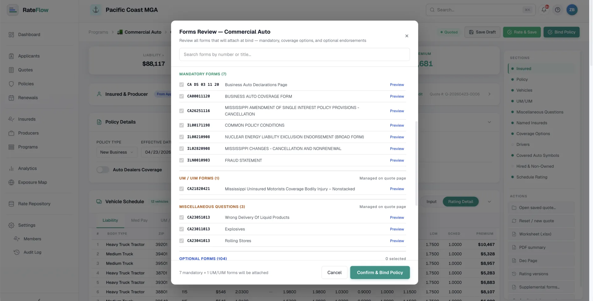 Forms Review modal showing mandatory forms, UM/UIM forms, and optional endorsements.