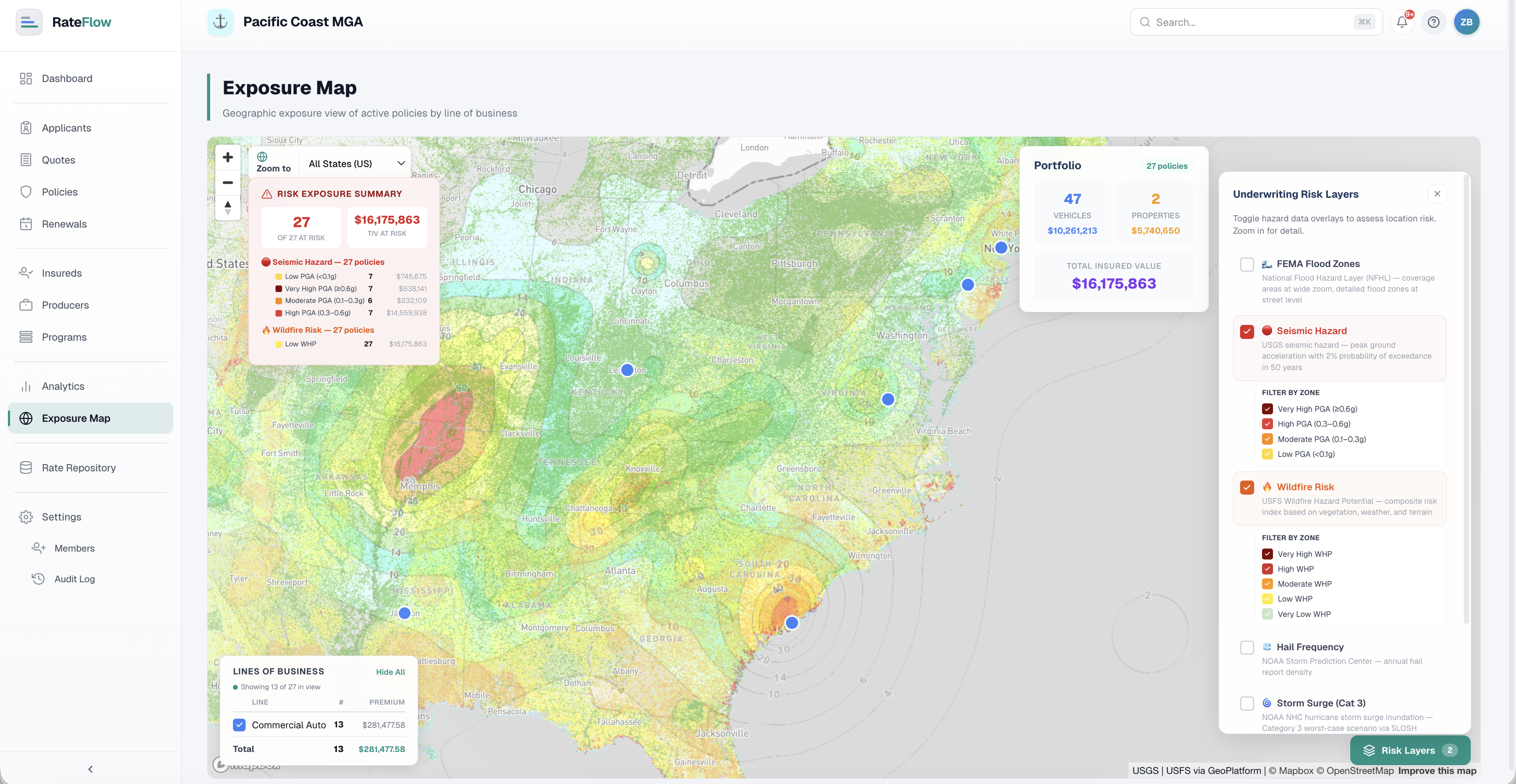 Exposure map with seismic, wildfire, and flood hazard layers overlaid on active policies.
