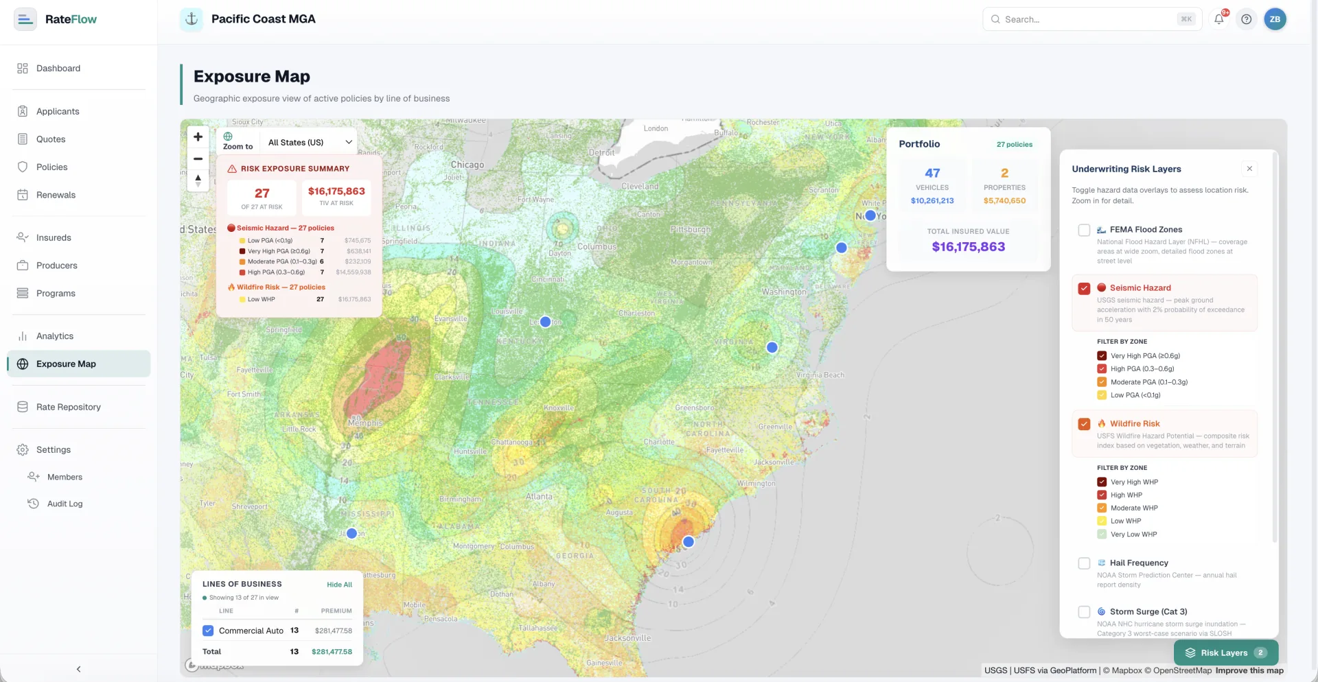 Exposure map with seismic, wildfire, and flood hazard layers overlaid on active policies.